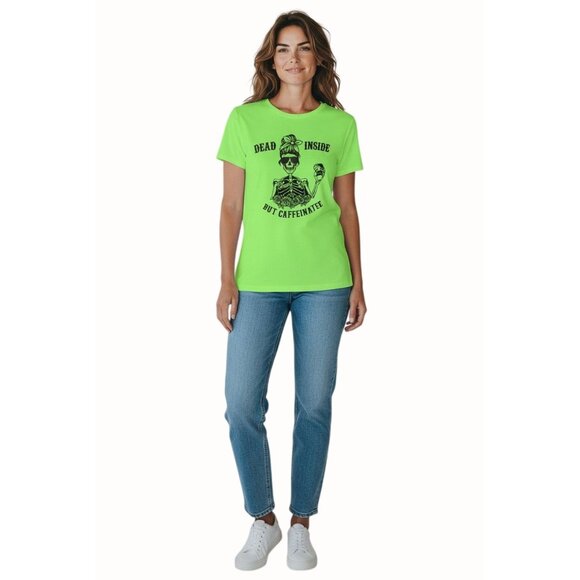 Gildan Womens Dead Inside But Caffeinated Graphic Short Sleeve Tee Green Small - Picture 6 of 8